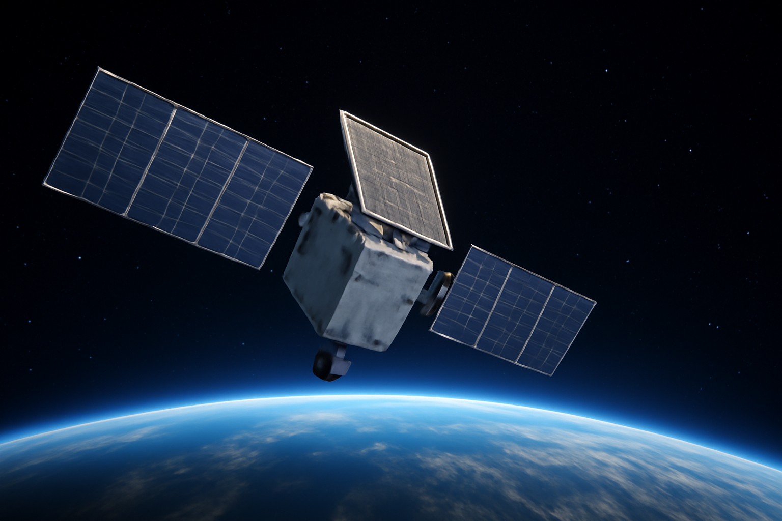 A flat-panel communications satellite orbiting above Earth's curved horizon against a dark sky.