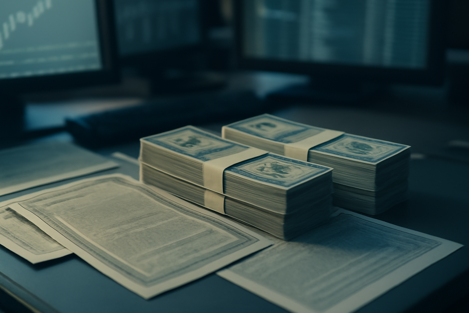 Stacks of U.S. dollar bills next to a government bond certificate on a trading desk.