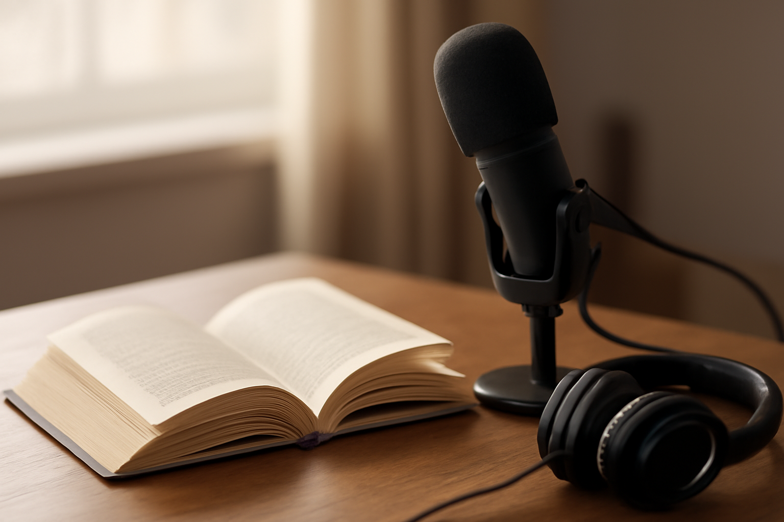 An open paperback novel titled Taiwan Travelogue resting beside a podcast microphone on a wooden desk