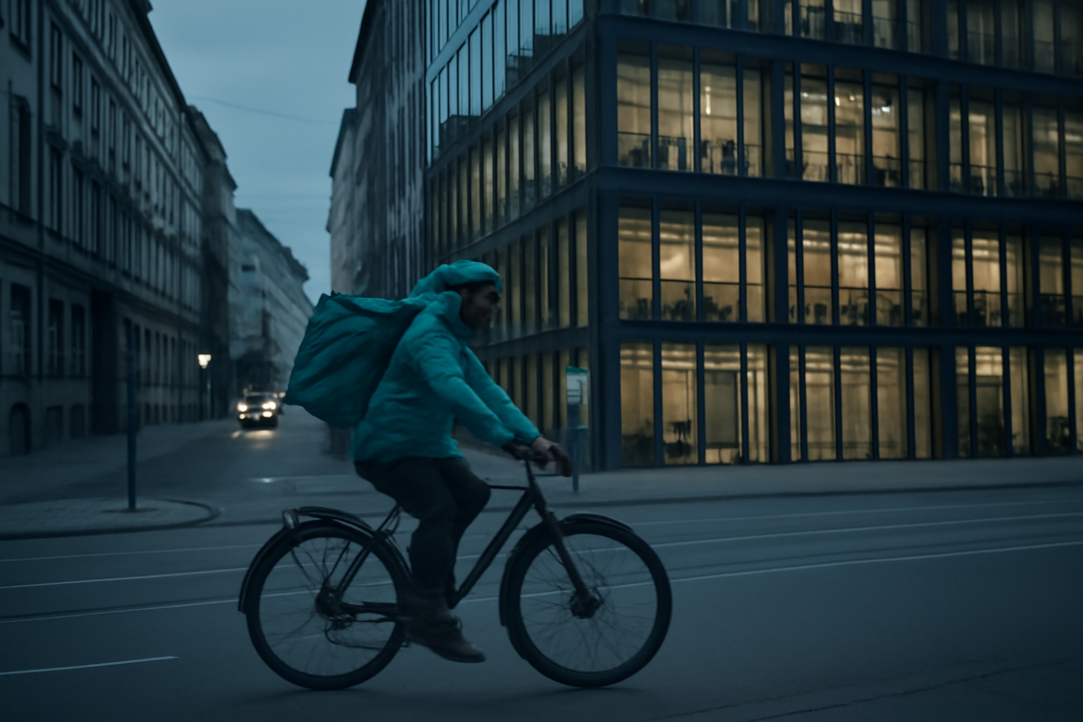 Delivery Hero and Uber branded delivery bags side by side outside a European office building