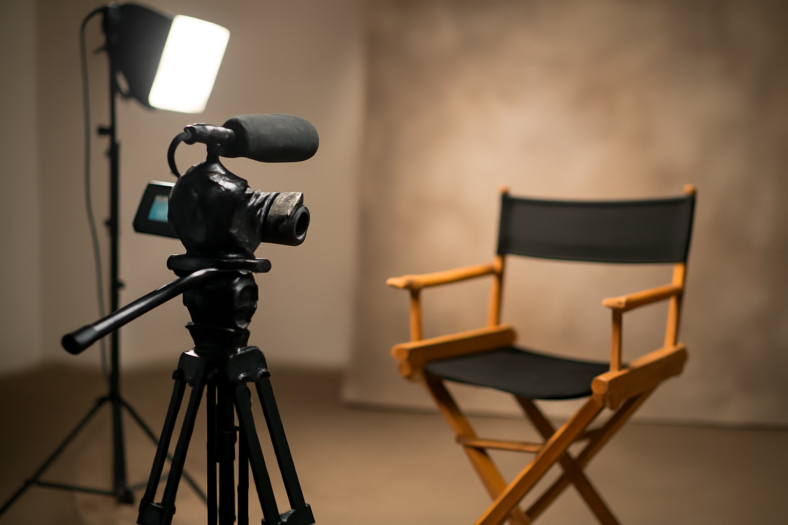 Film reel and documentary camera equipment set up for an interview-style shoot