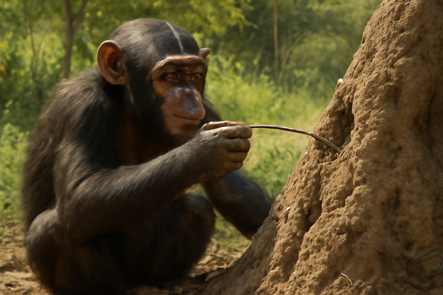 Chimpanzee using a twig as a tool