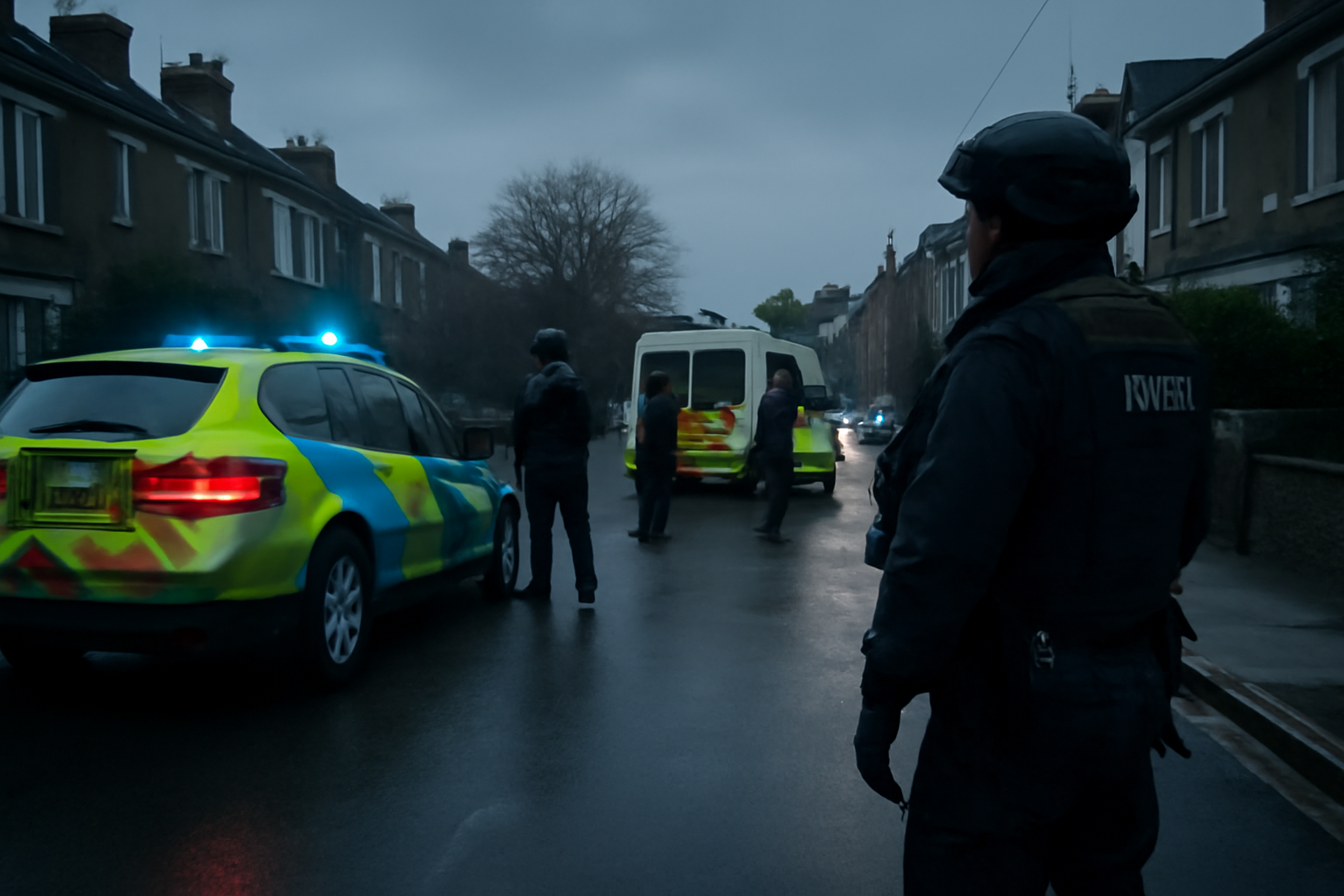 Police tape and officers outside a London building during an early morning counterterrorism arrest operation