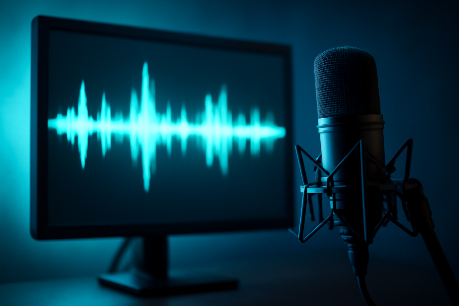 Sound wave visualization representing AI-generated voice technology on a dark studio background