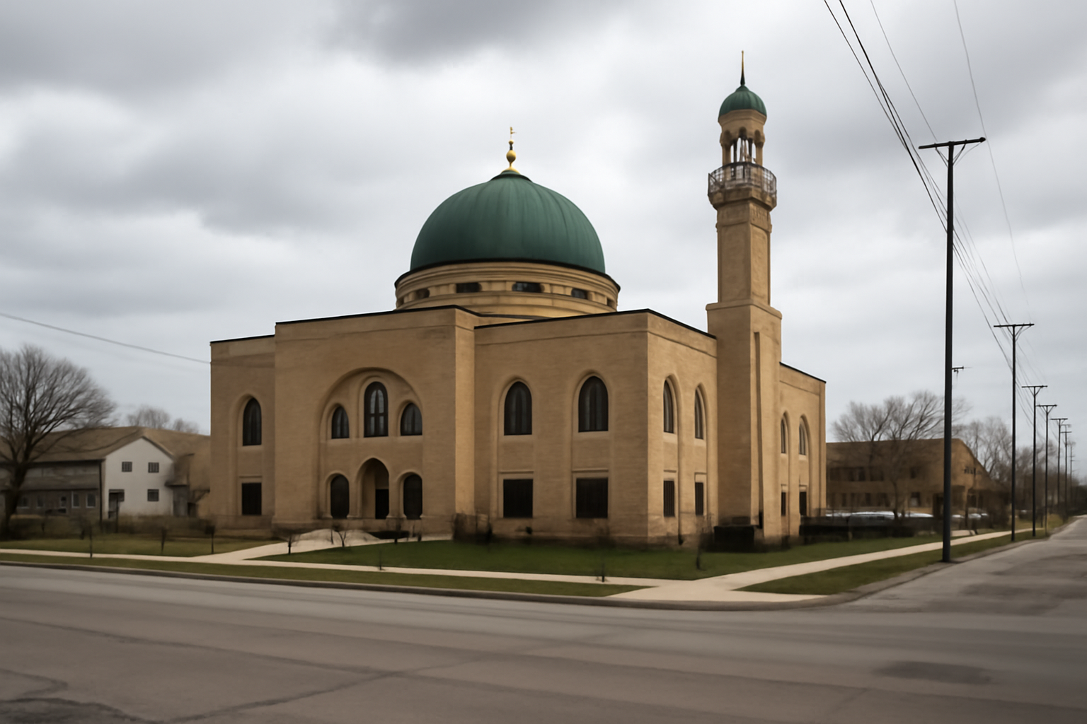 Exterior of a mosque building in Wisconsin under a cloudy sky