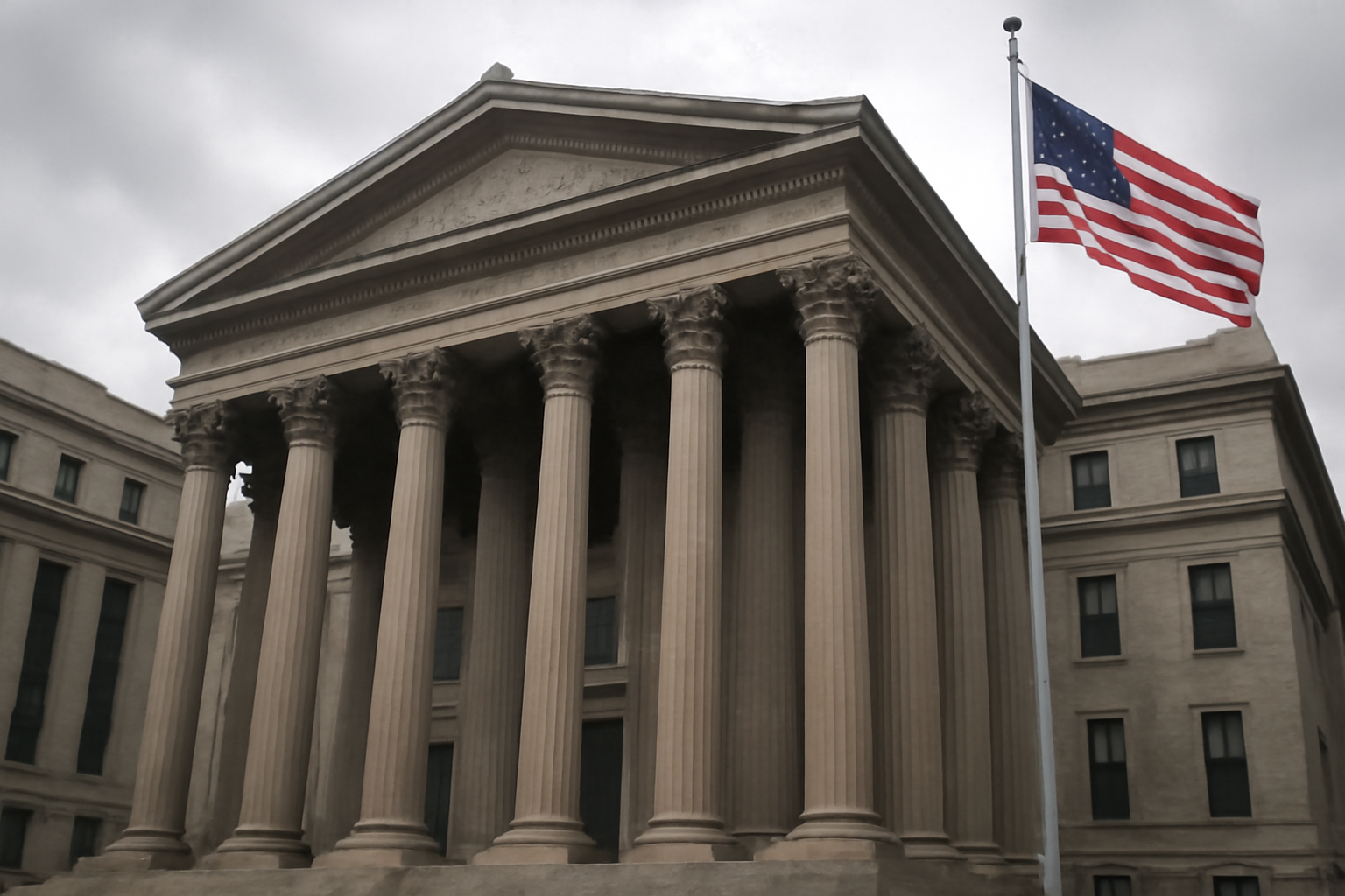 Exterior of a federal courthouse building with American flag, daytime
