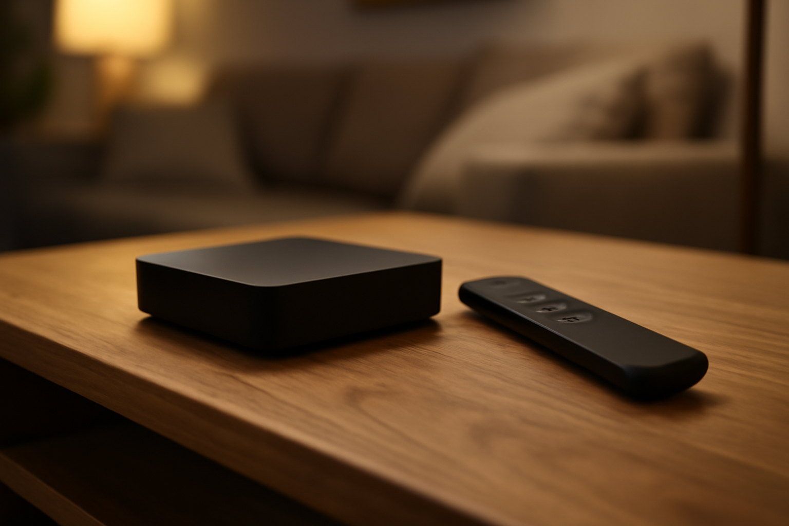 Nvidia Shield TV Pro streaming box sitting beside its remote on a media console