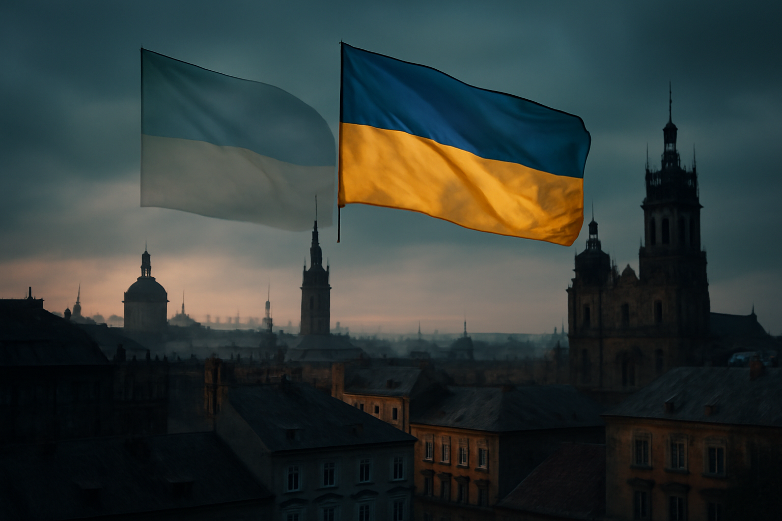 Blue and red national flags overlapping above a weathered Eastern European city skyline at dusk