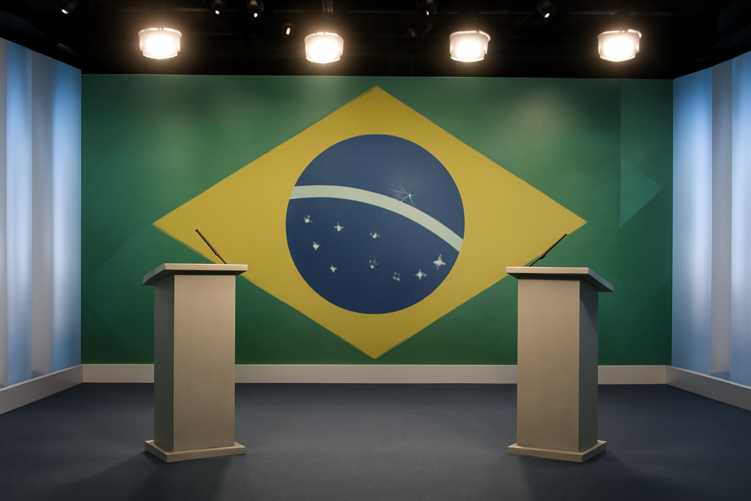 Television studio set up with two lecterns for a presidential debate broadcast