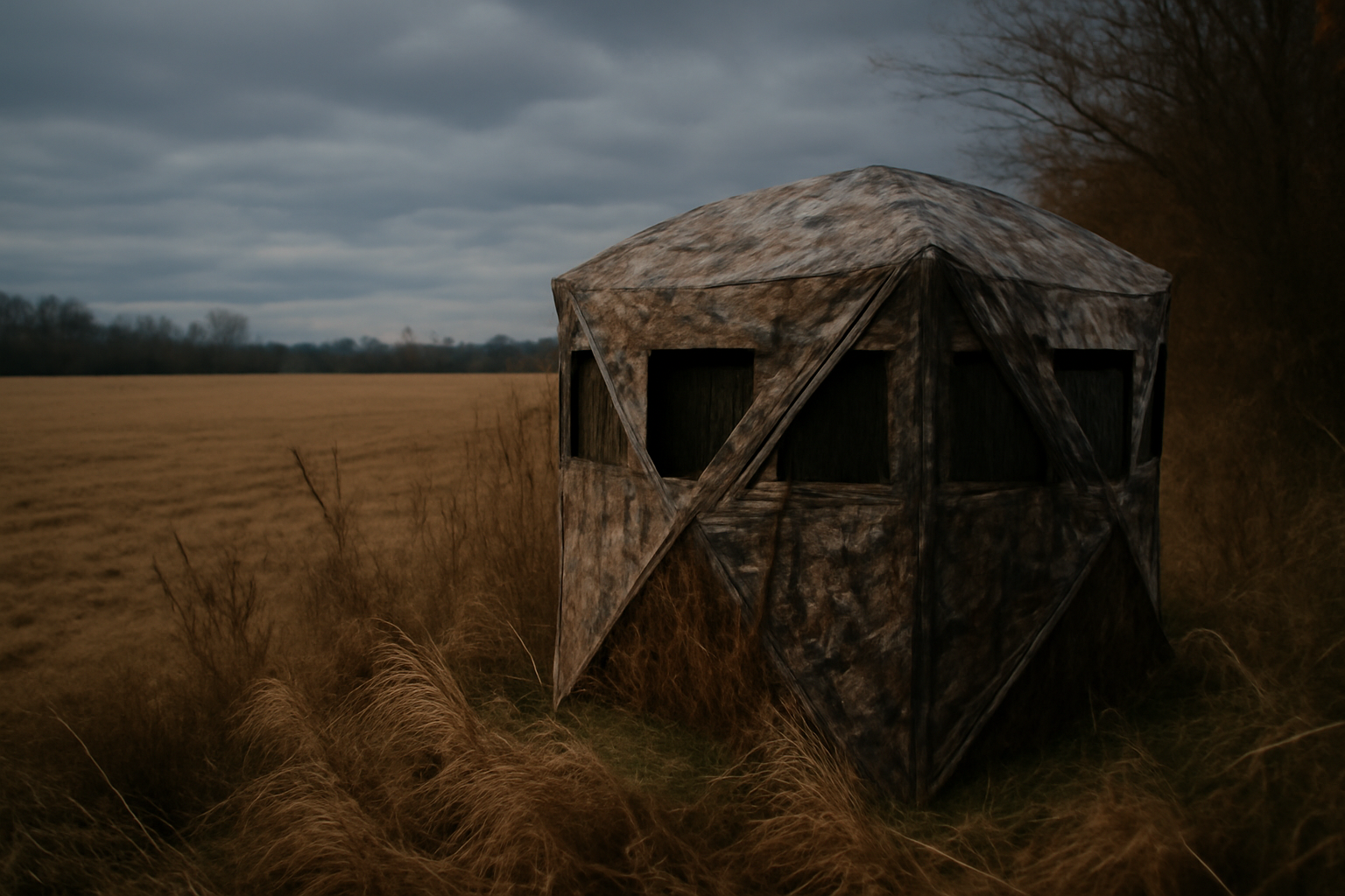 A camouflaged hunting ground blind sits at the edge of an open rural field at dusk