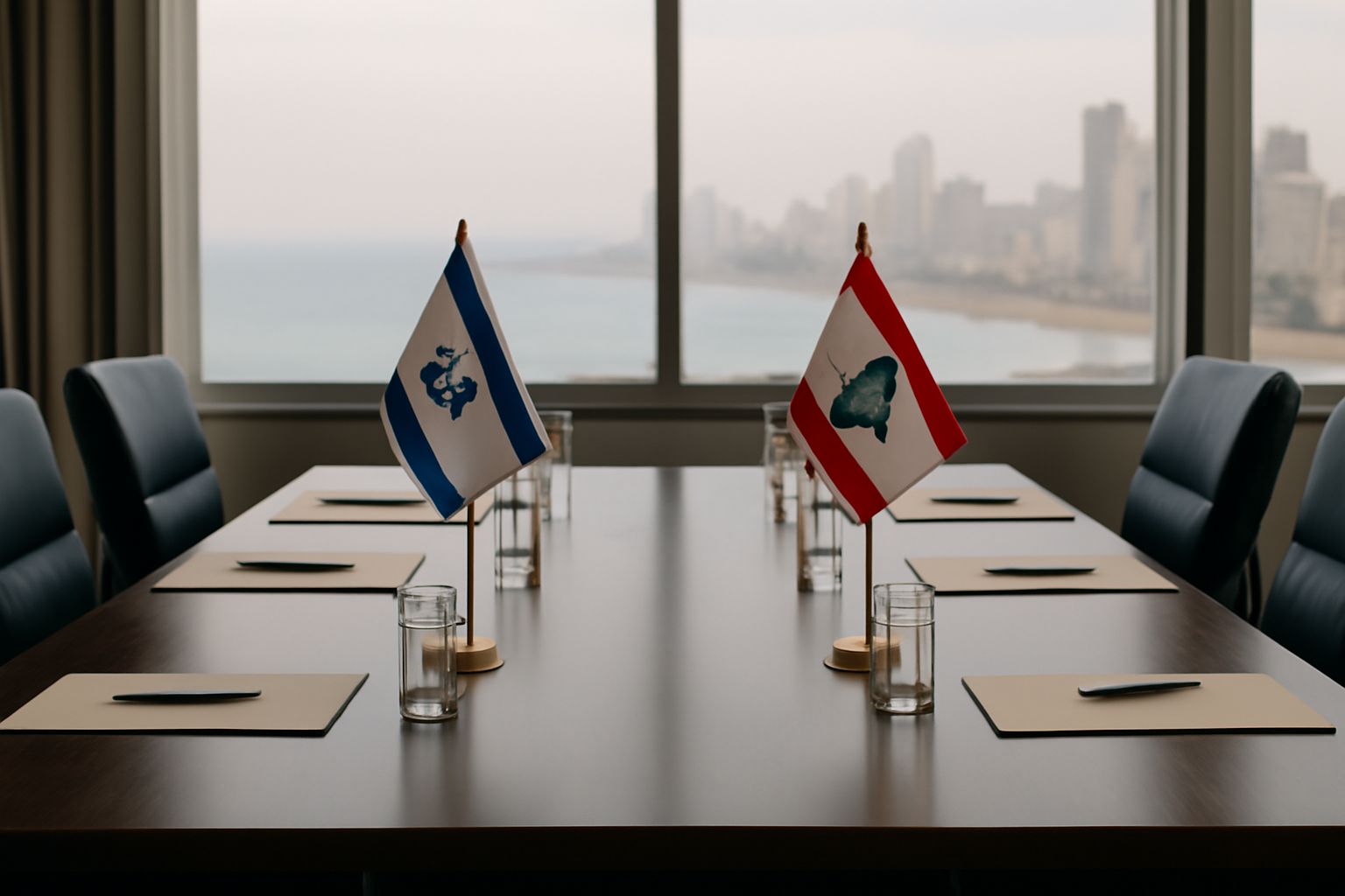 Empty negotiating table with Israeli and Lebanese flags at opposite ends, Beirut skyline visible through a window