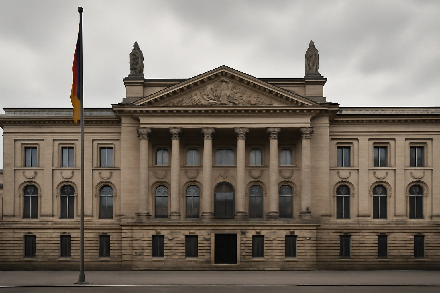 Exterior facade of a German federal government building with a flag under an overcast sky