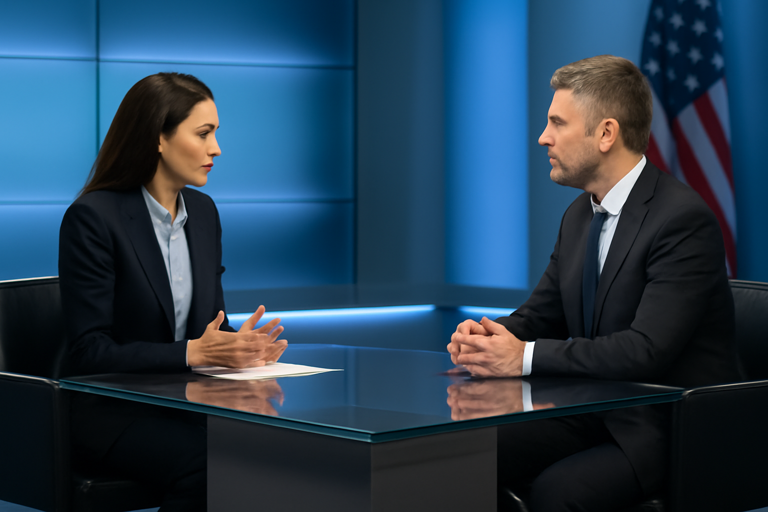 A television screen displays a Sunday political interview set with two seated guests discussing immigration policy