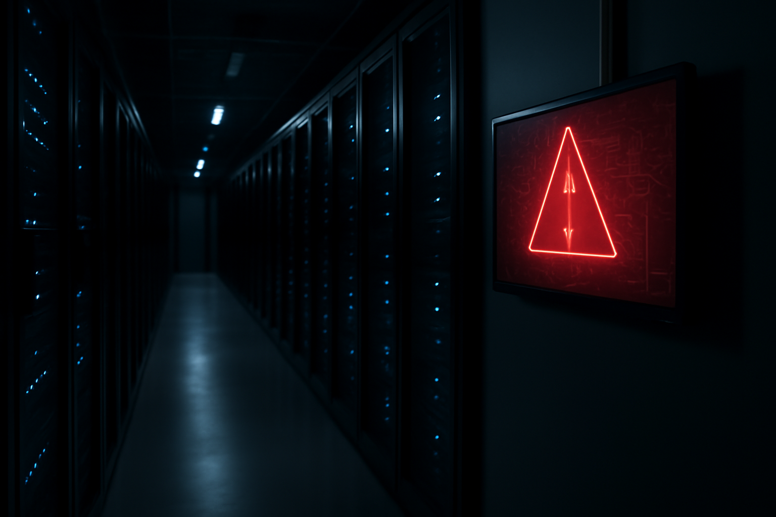 Server racks glow in a darkened data center hallway with a security warning indicator on a monitor
