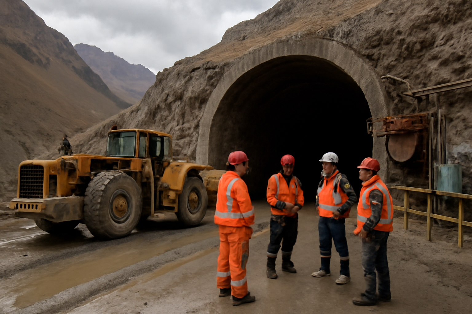 Rescue crews and heavy equipment at the entrance of an underground copper mine shaft in Chile