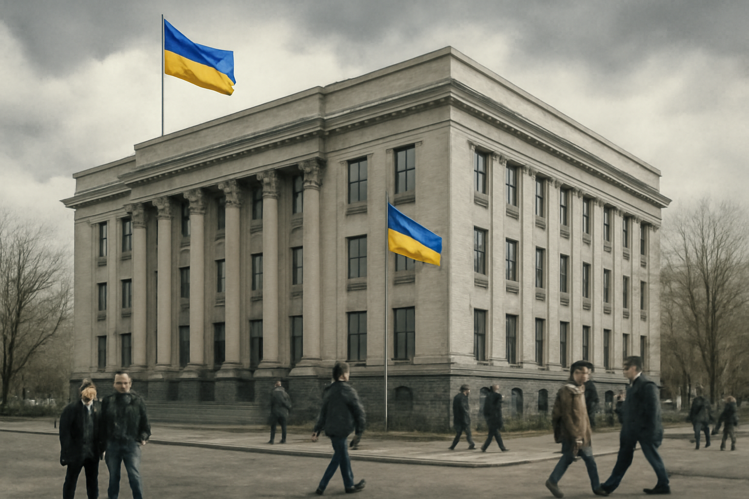 Ukrainian government building with flags
