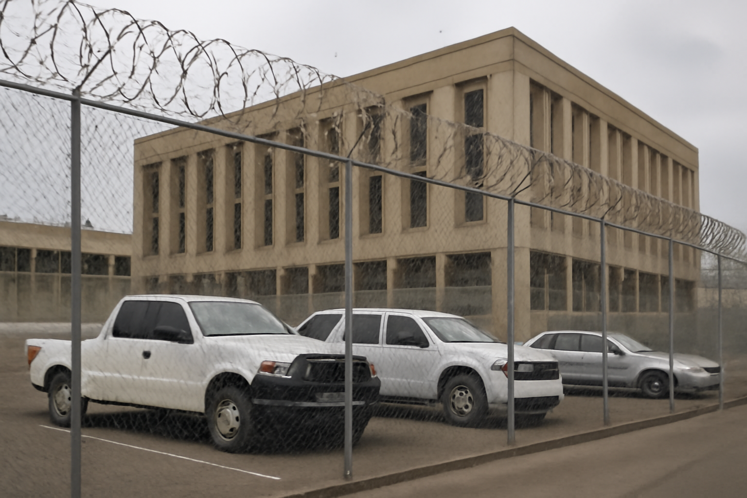 Exterior of a privately operated immigration custody facility behind a chain-link fence in California