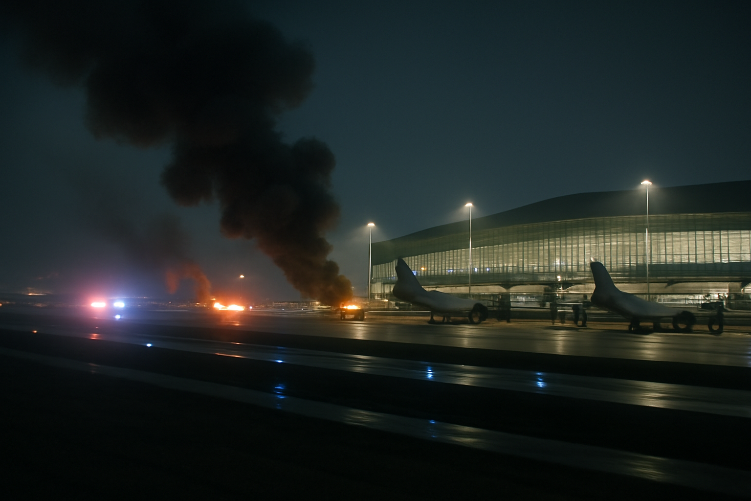 Smoke rising near an airport terminal and runway at night after a reported strike