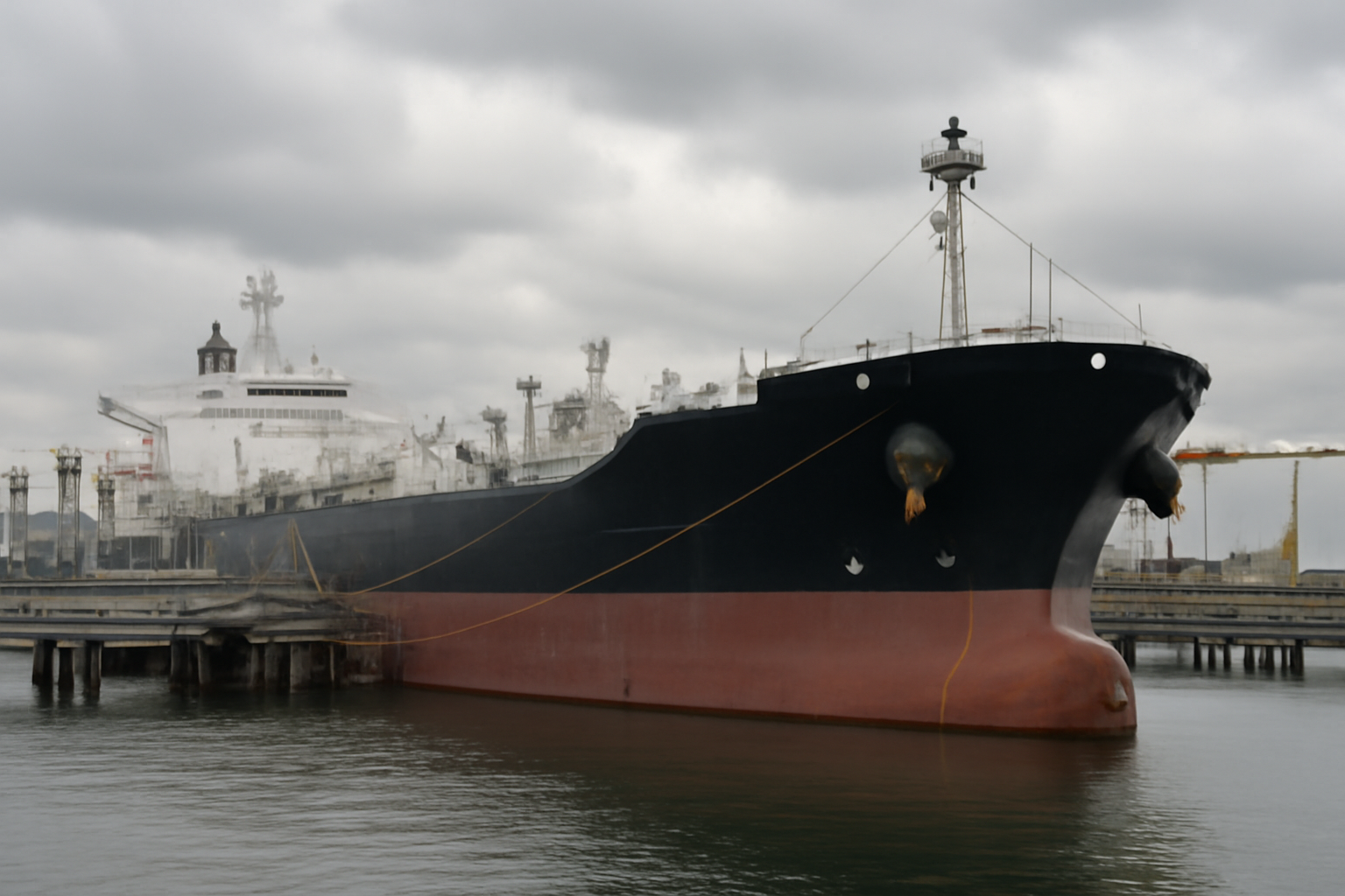Fuel tanker ship docked at an industrial port terminal with pipeline infrastructure