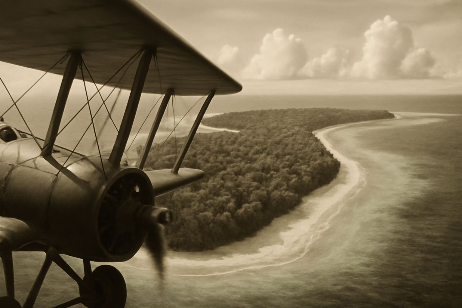 Black-and-white aerial photograph of Nikumaroro atoll's lagoon and forested coastline taken from an airplane wing in 1938