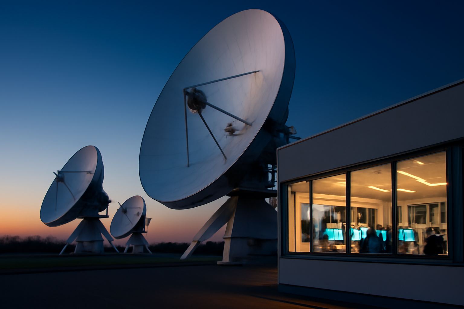 Satellite dish ground station with European telecom company logos displayed on monitors