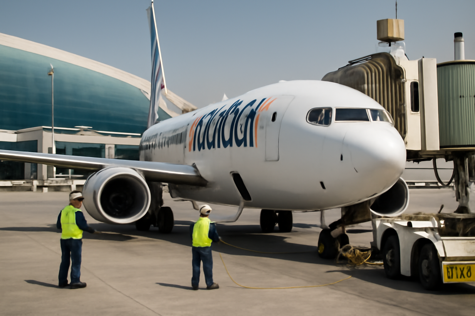 Flydubai aircraft on tarmac at Dubai International Airport under daylight sky