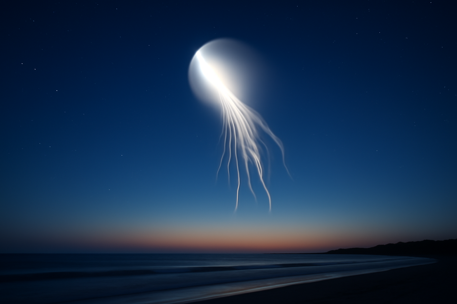 Glowing rocket exhaust plume with tentacle-like trails stretching across a pre-dawn sky over the Atlantic coastline.