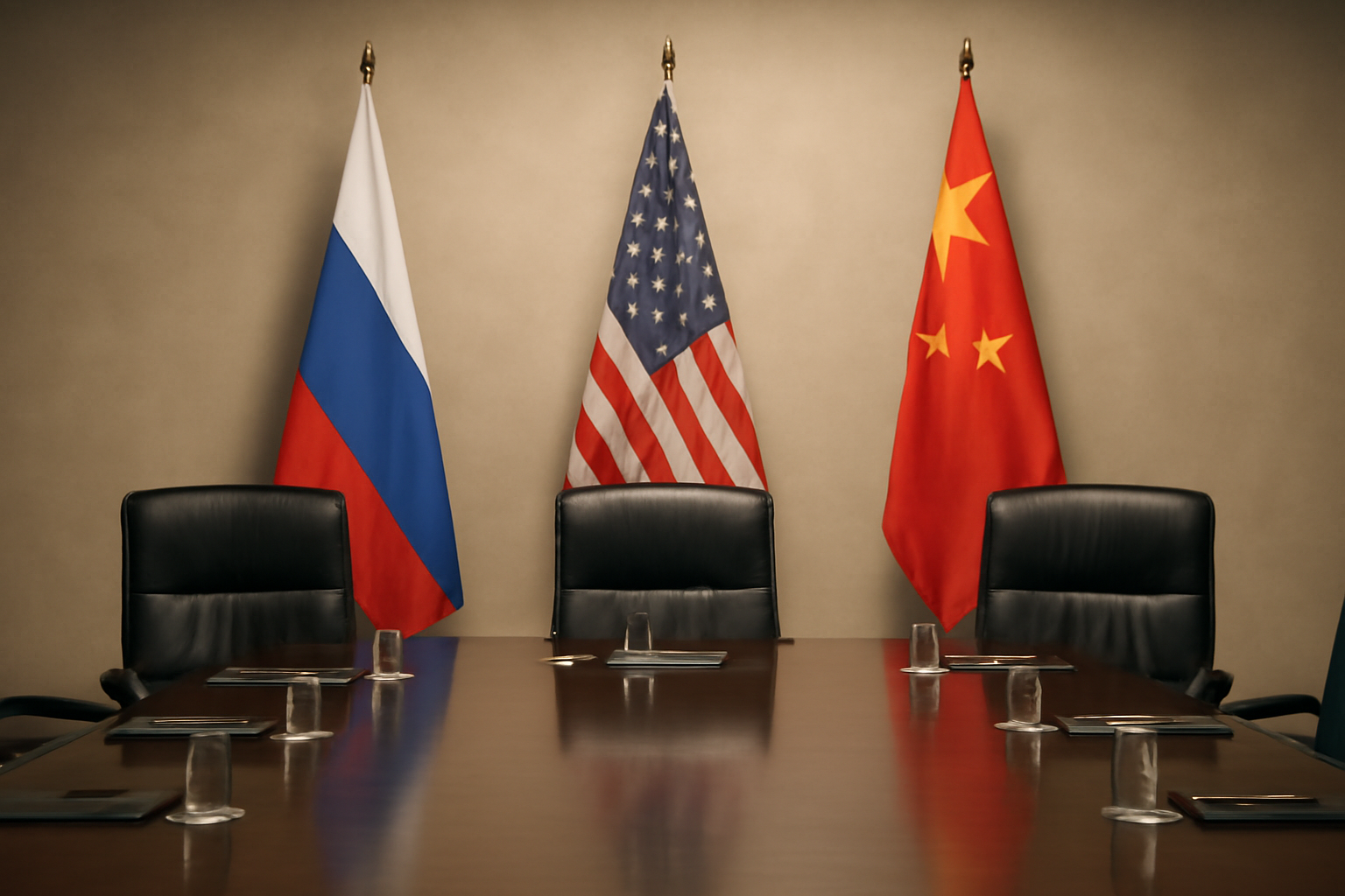 Empty conference table set with three flags representing Russia, the United States and China