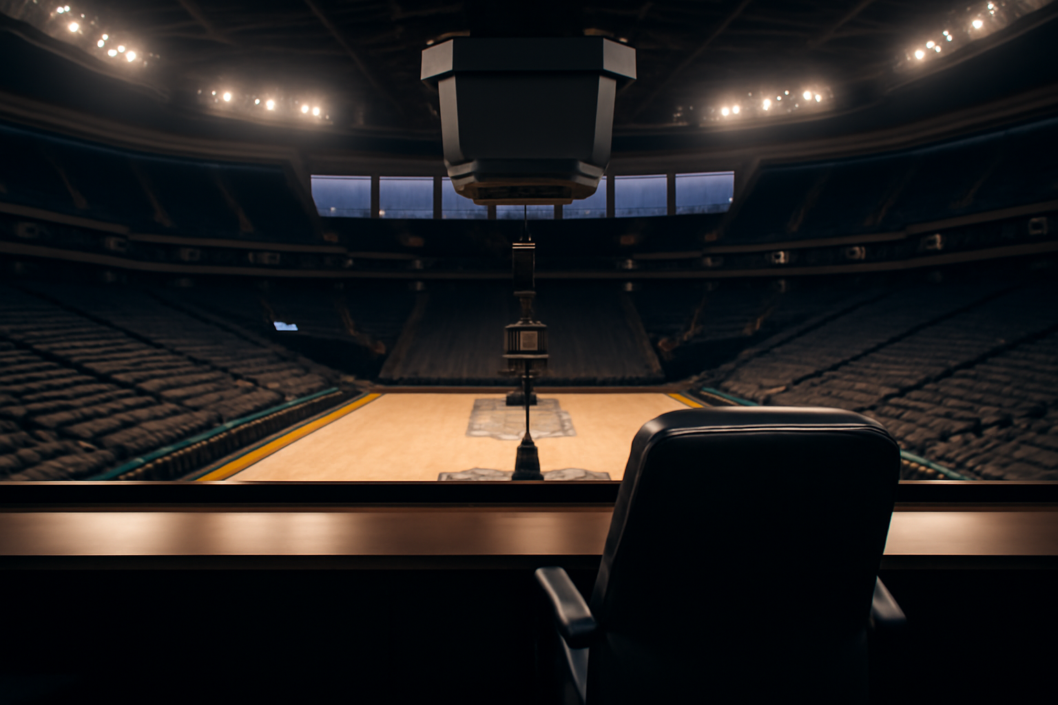 Empty NBA governor's box seat overlooking a basketball arena court before tipoff