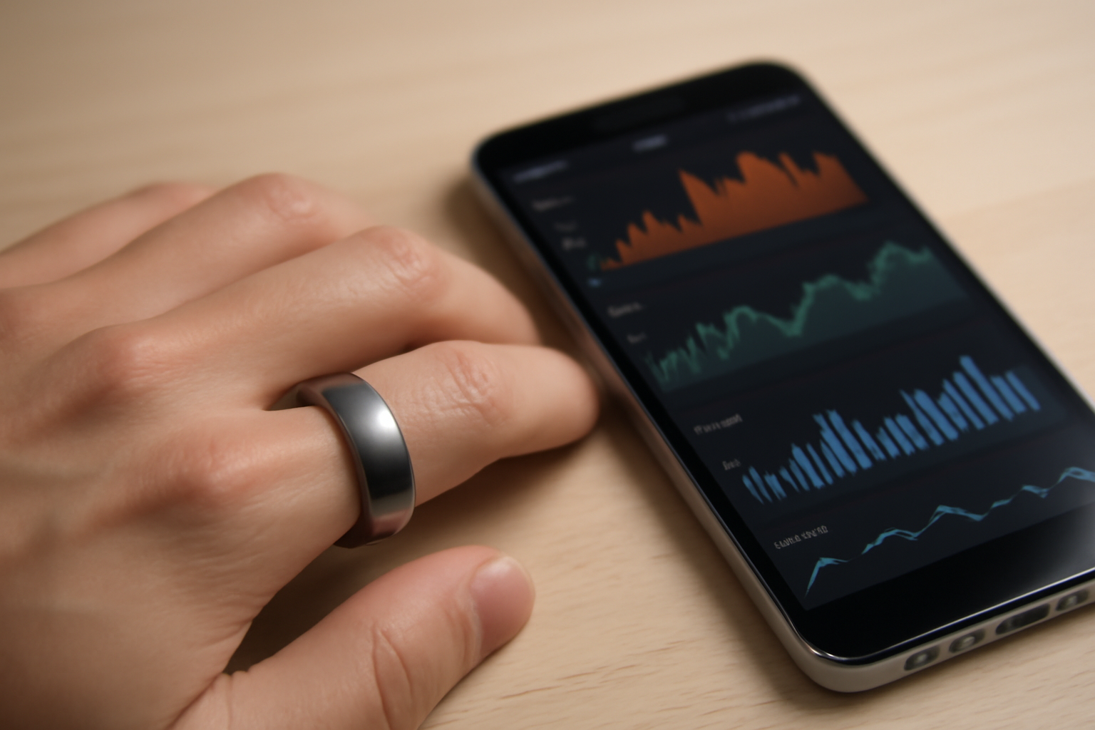 Close-up of a smart ring on a hand resting on a smartphone showing a fitness tracking dashboard