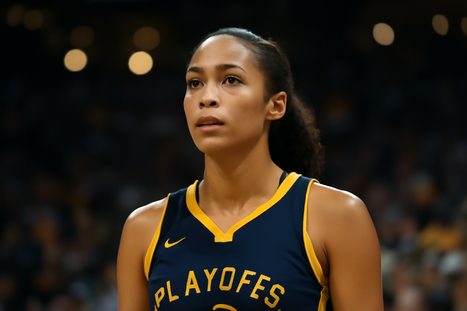 A WNBA forward in a Golden State Valkyries uniform looks on during a playoff game