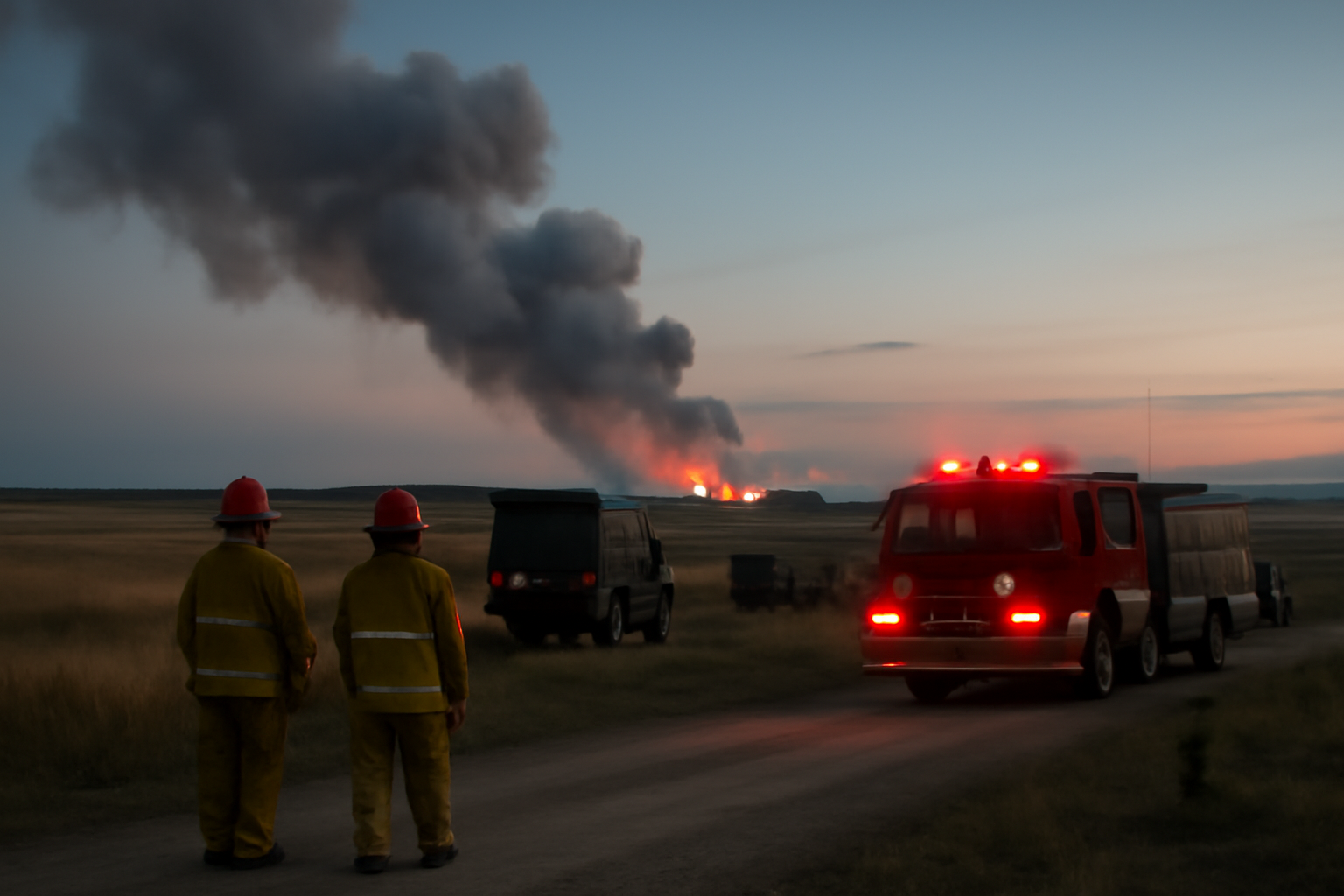 Firefighters and military vehicles near smoke rising from a rural Alberta training base