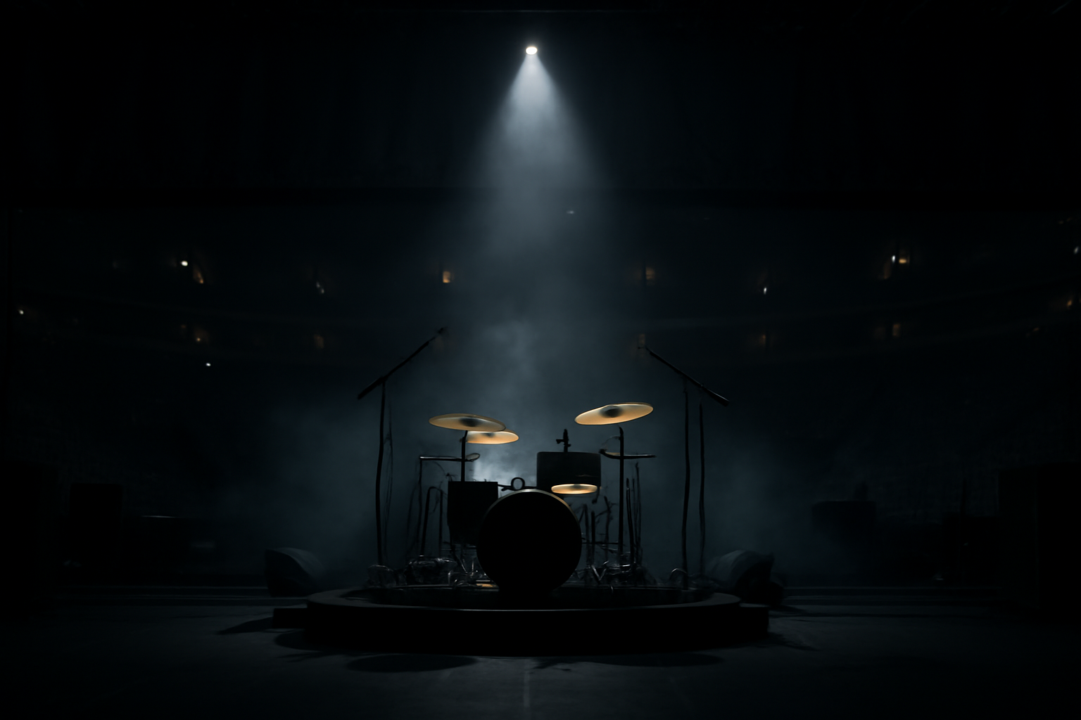 Empty concert stage with drum kit lit under spotlights after a show stoppage