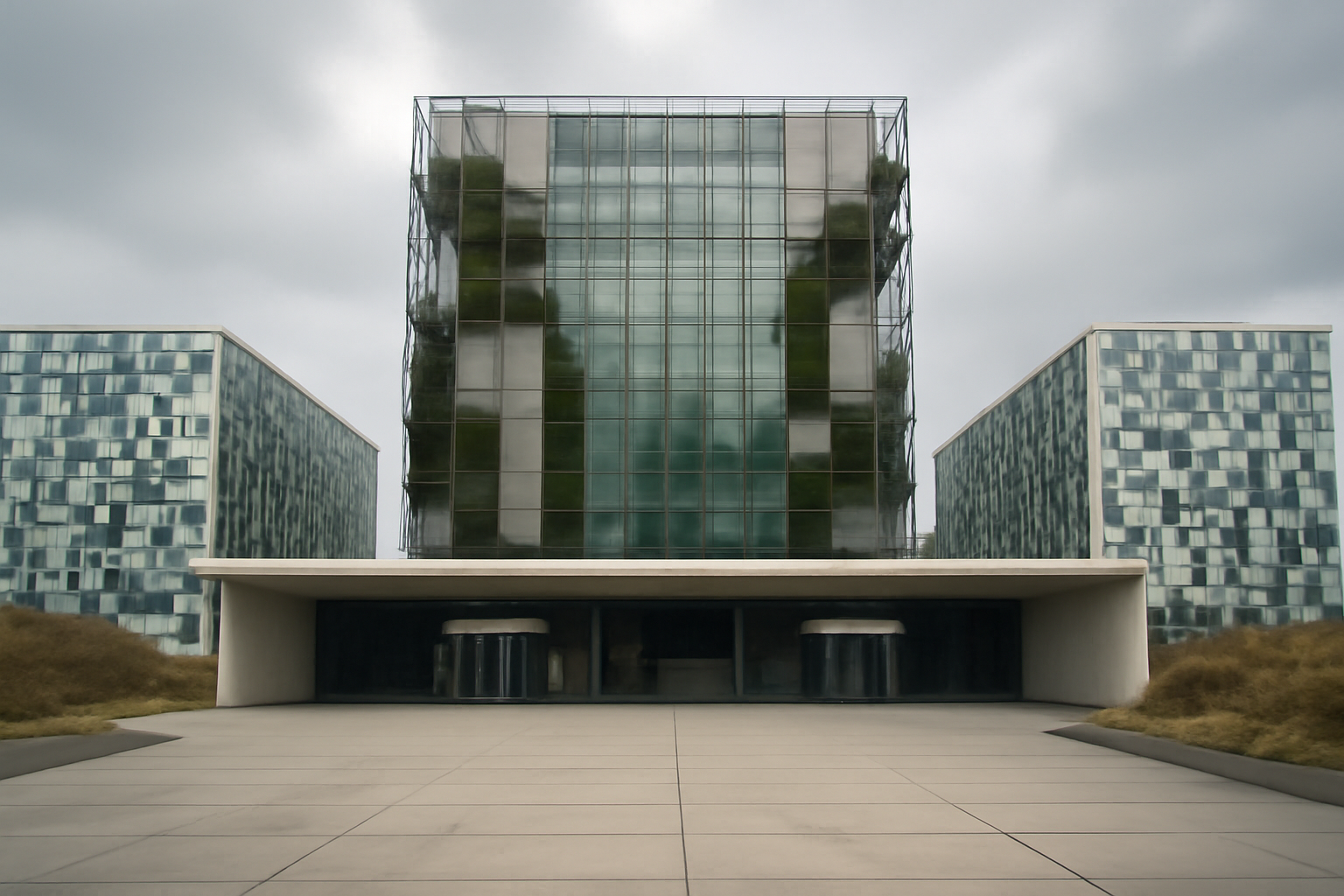 Exterior of the International Criminal Court building in The Hague under an overcast sky
