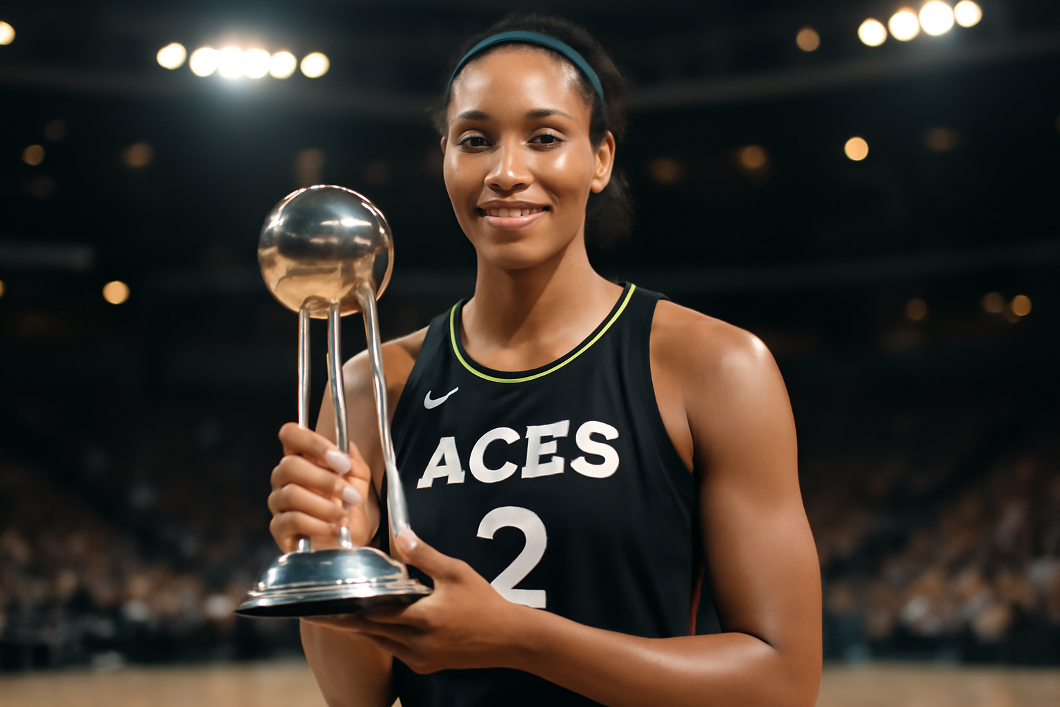 A'ja Wilson holding a WNBA MVP trophy on the court in an Aces jersey