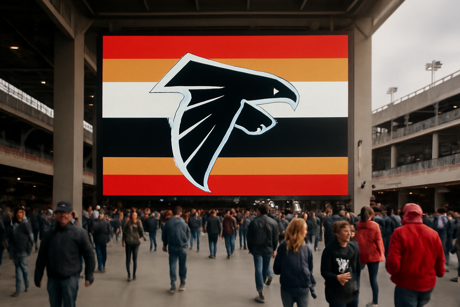 Atlanta Falcons black falcon logo displayed against red, white, black and gold striped background