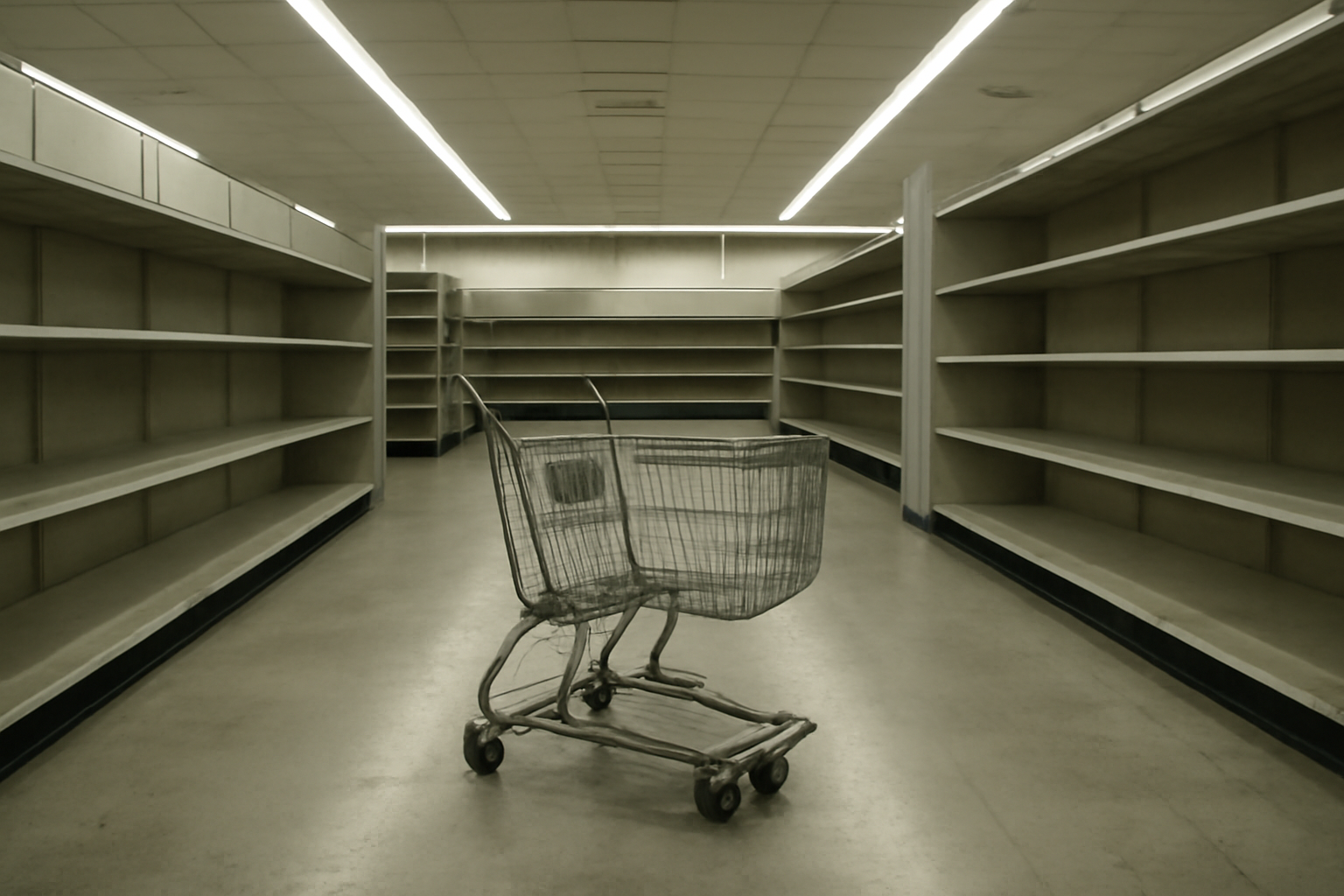 A near-empty shopping cart sits in a mostly vacant retail store aisle