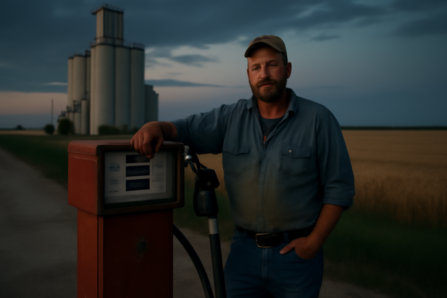 A farmer stands beside a diesel fuel pump at a rural Kansas grain elevator at dusk