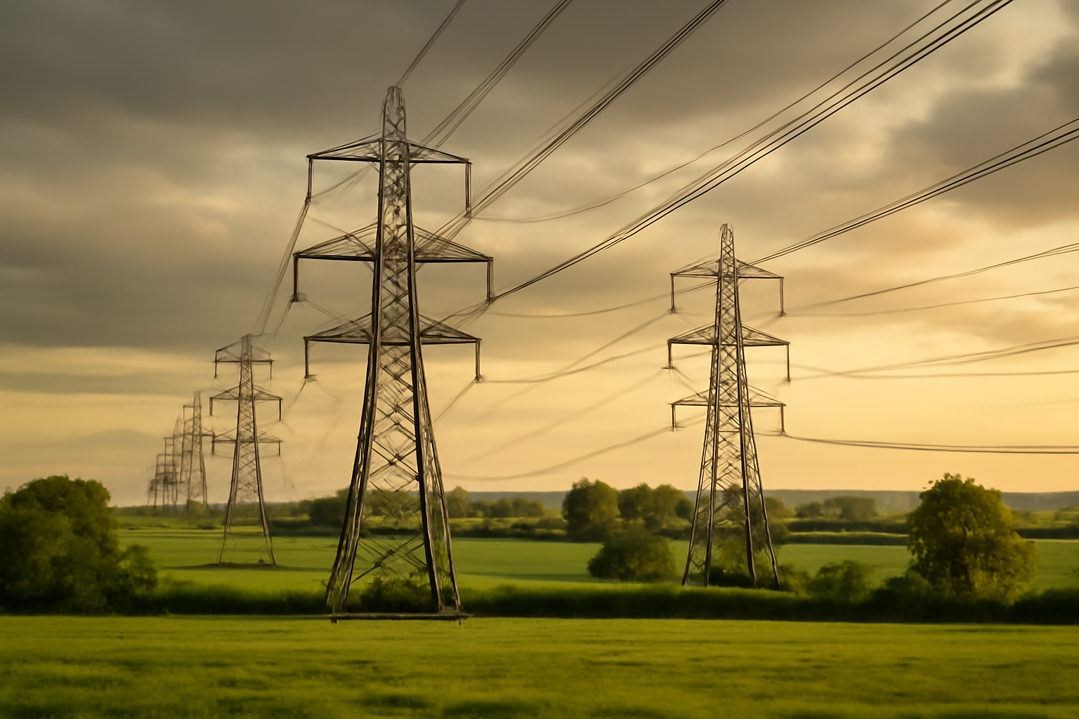 High-voltage electricity transmission towers and cables stretching across a British countryside at dusk