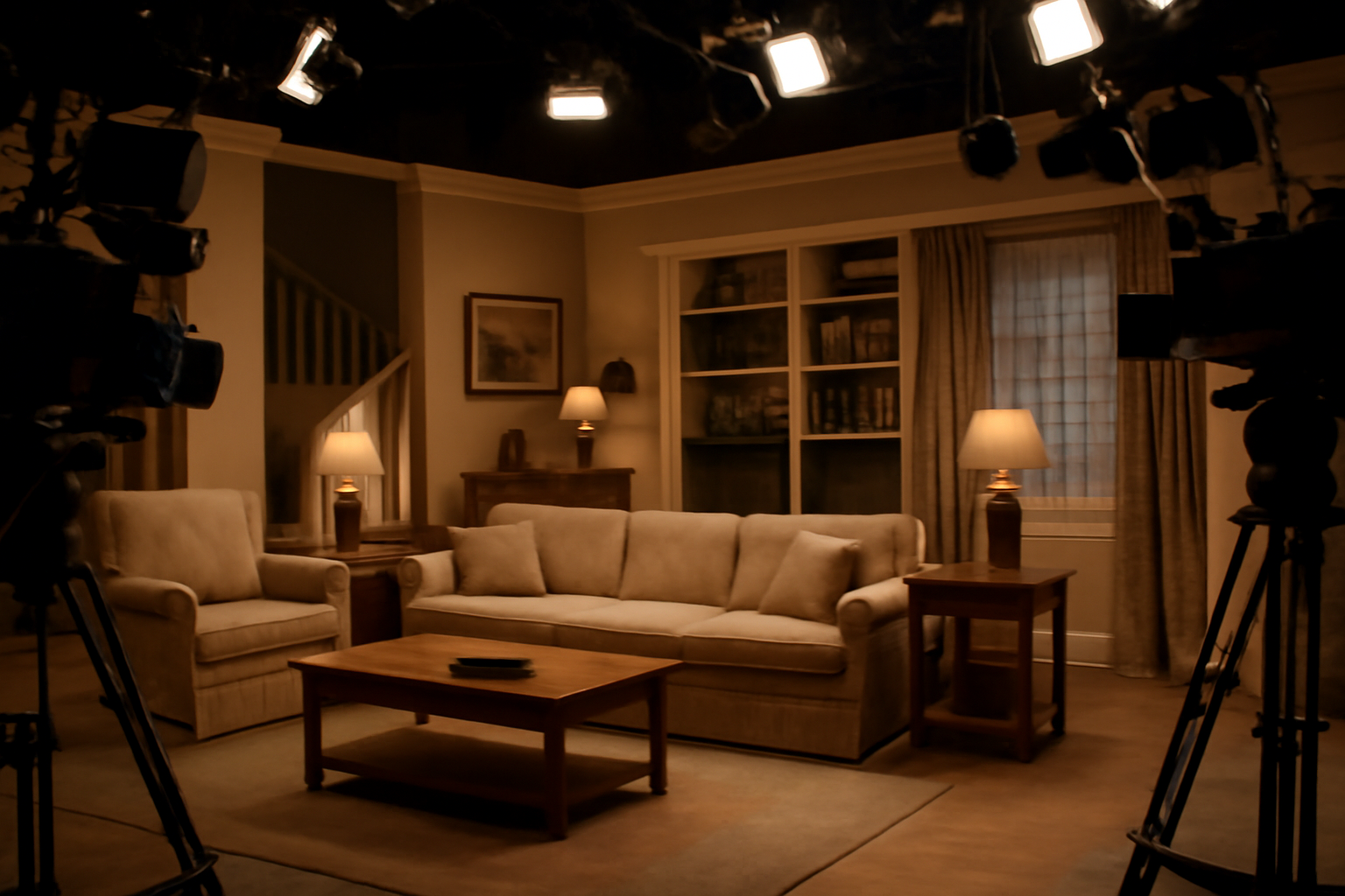 Vintage television studio set resembling a 1990s sitcom living room with stage lighting