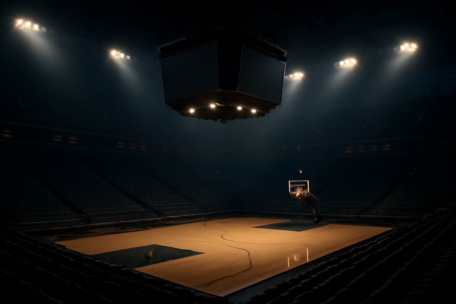 Empty WNBA arena scoreboard glowing at the end of the 2026 regular season