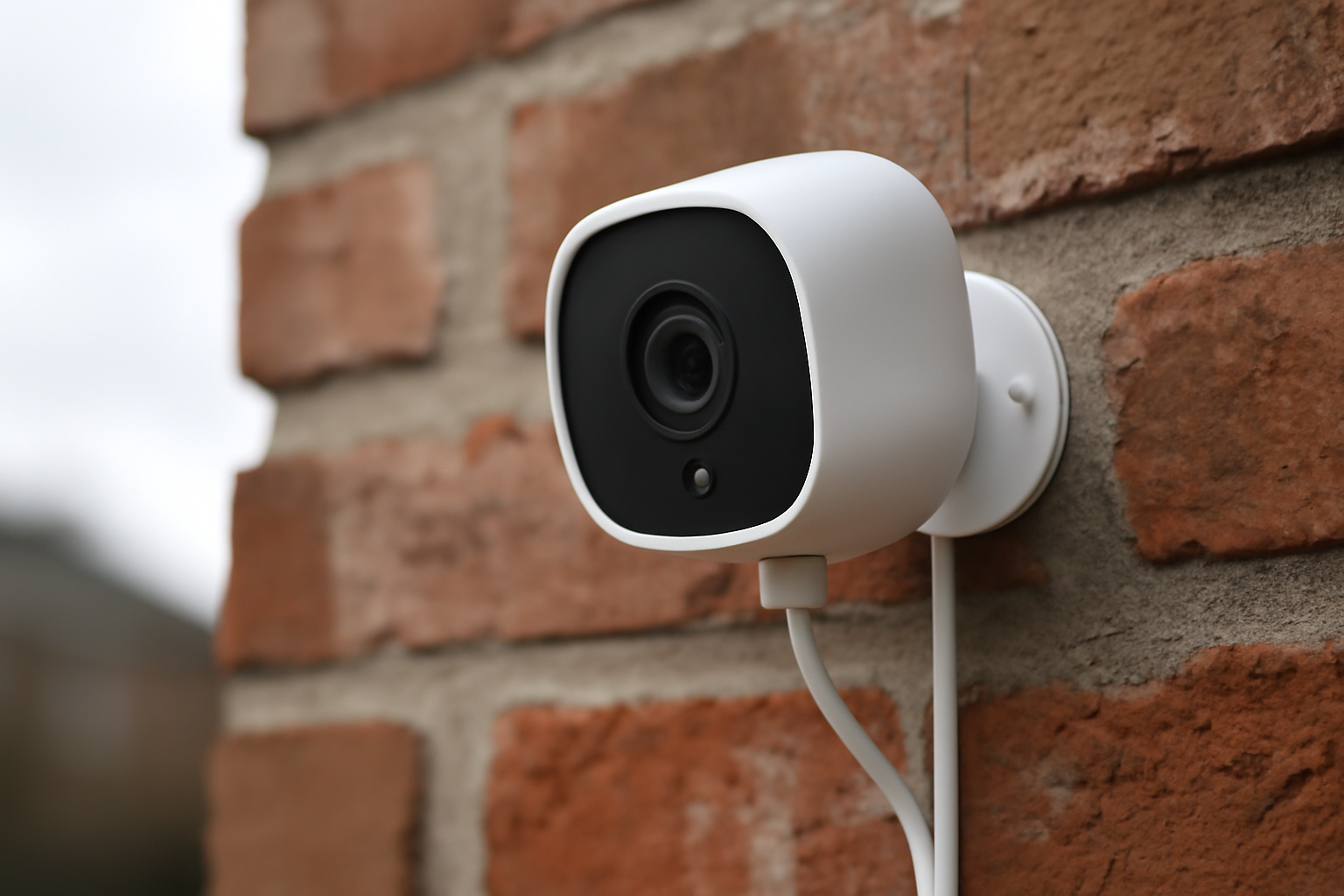 Close-up of a small internet-connected security camera mounted on an exterior wall, lens aimed outward