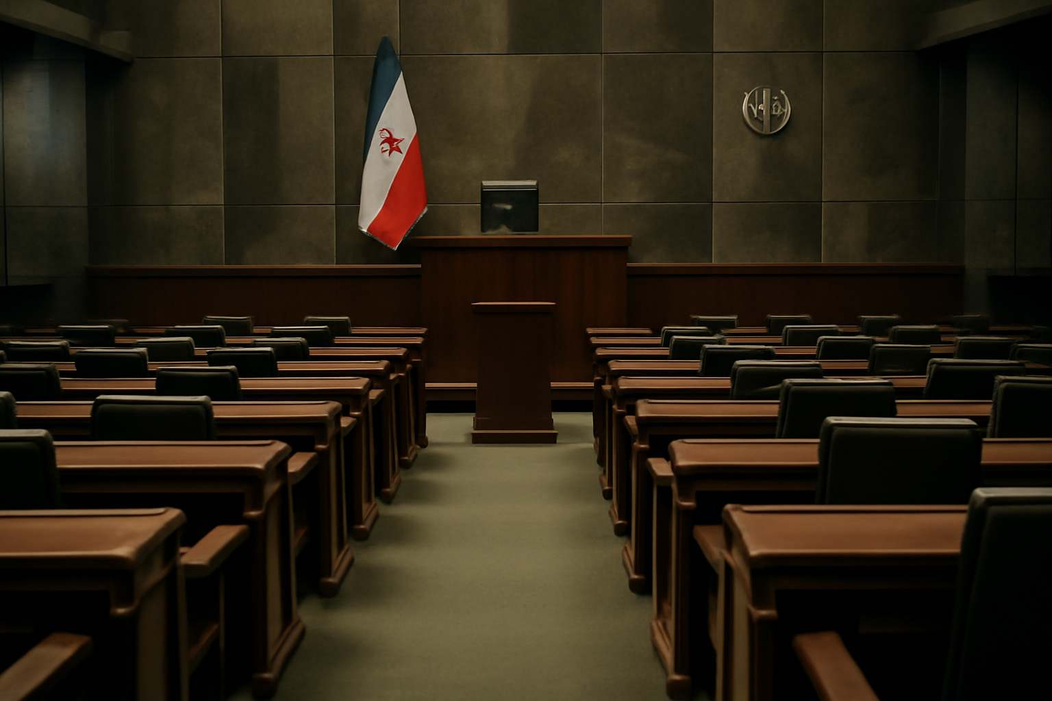 Iranian Parliament chamber with lawmakers seated at desks under the national emblem