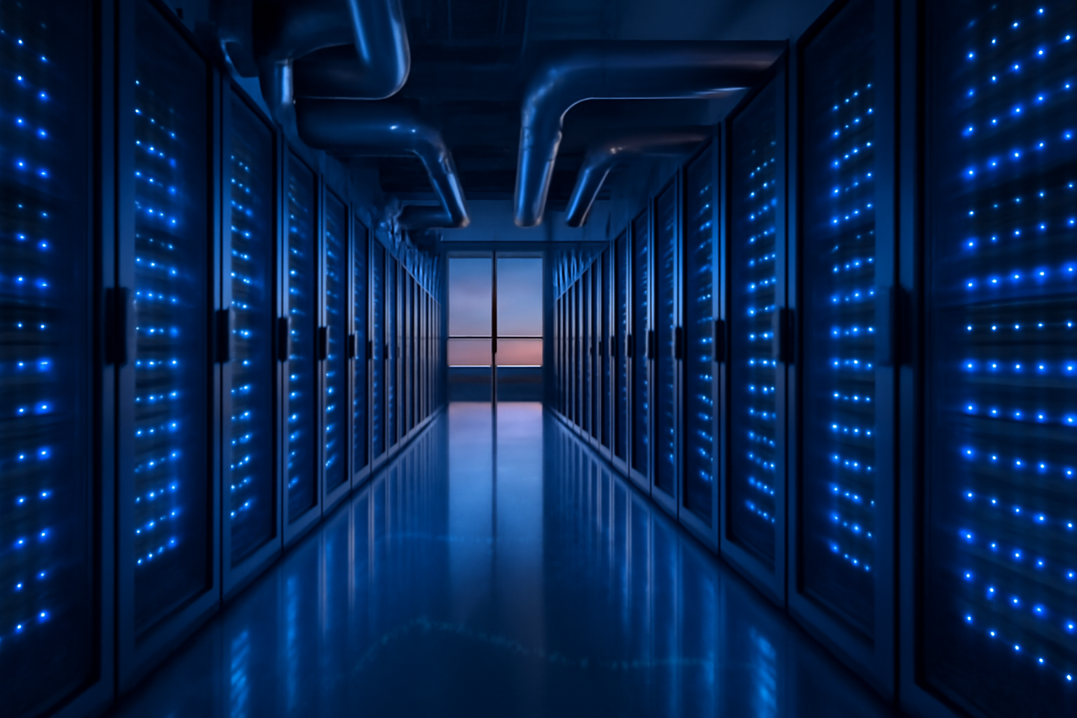 A data center server corridor with stacked ledgers and a financial chart overlay suggesting debt and investment risk