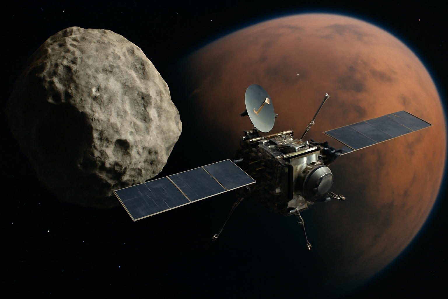 Illustration of a spacecraft approaching a small, irregularly shaped moon near Mars