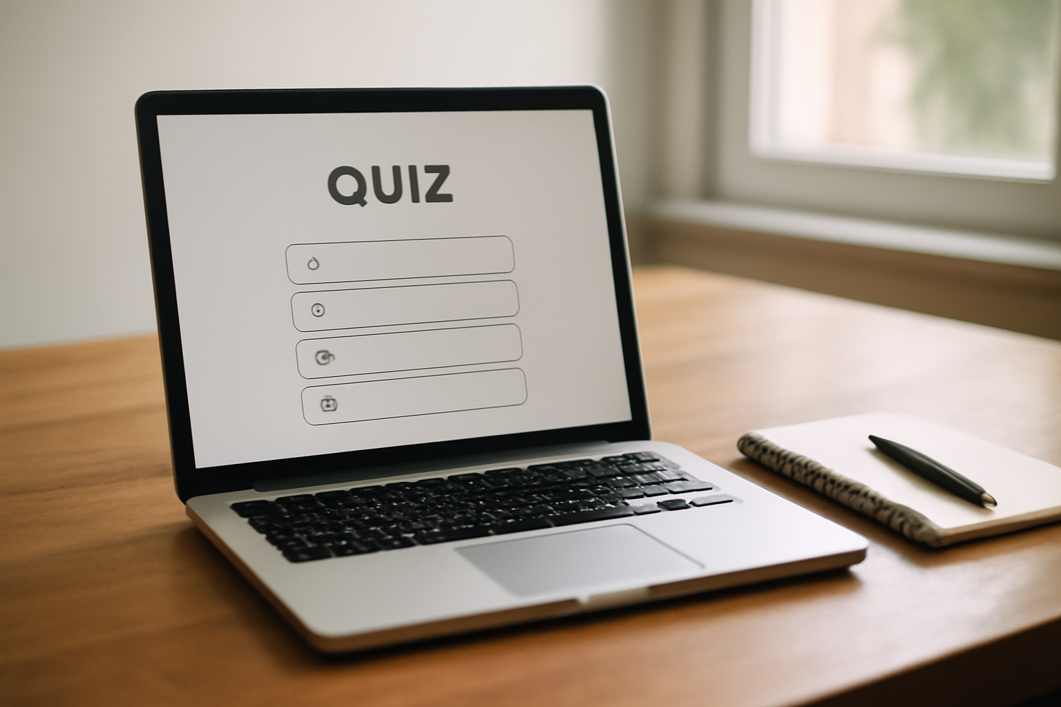 A laptop screen displaying a multiple-choice news quiz interface with a stylus resting beside it