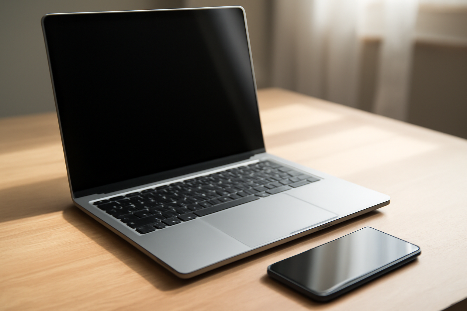 A silver laptop with a Chromebook-style keyboard sits open next to an Android smartphone on a wooden desk