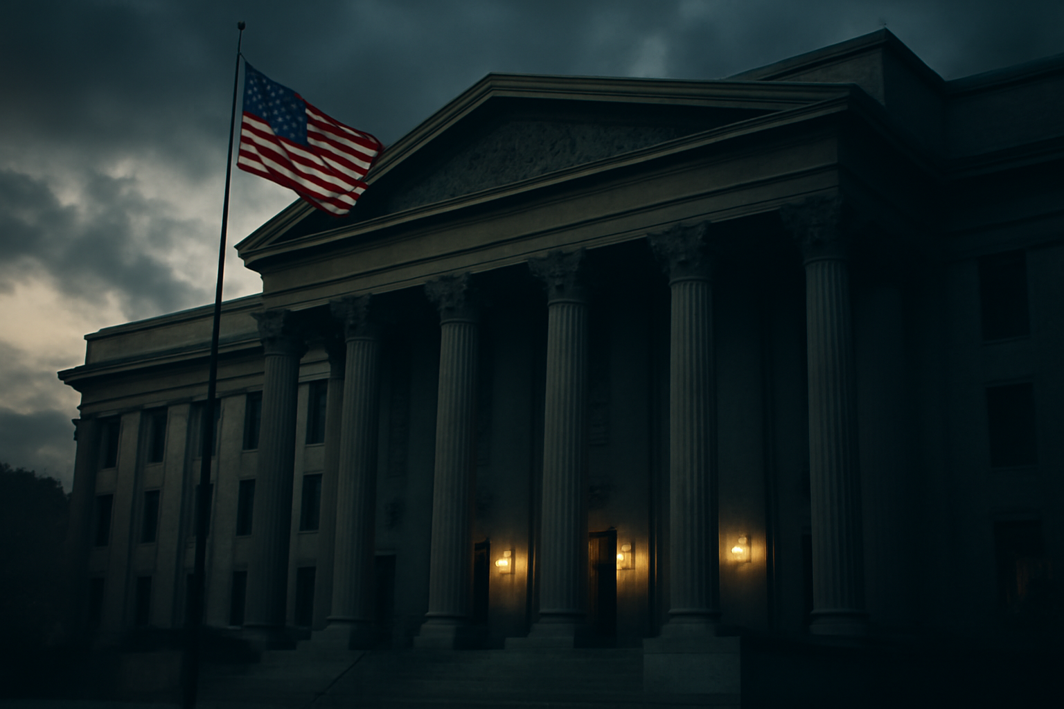 Exterior of a federal courthouse with a Saudi diplomatic flag visible nearby