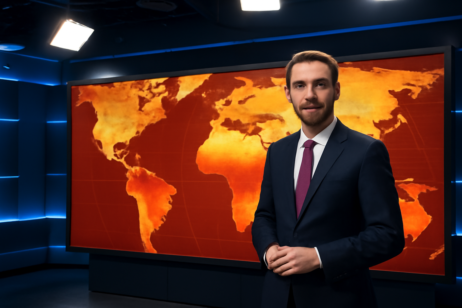 Meteorologist standing before a broadcast screen displaying a world map shaded in warm colors