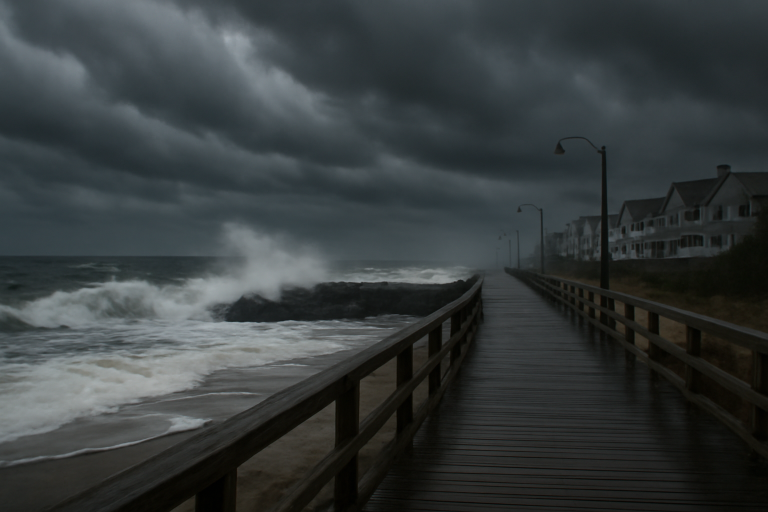 Storm clouds and choppy surf along a Northeast coastal boardwalk under gray skies